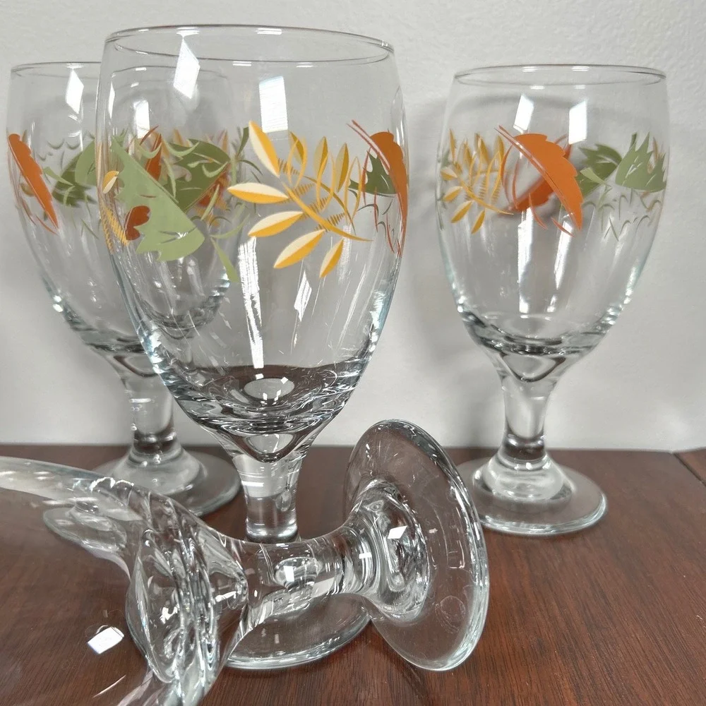 Libbey Autumn Leaf Stemmed Water Goblets Orange Green Fall SIX